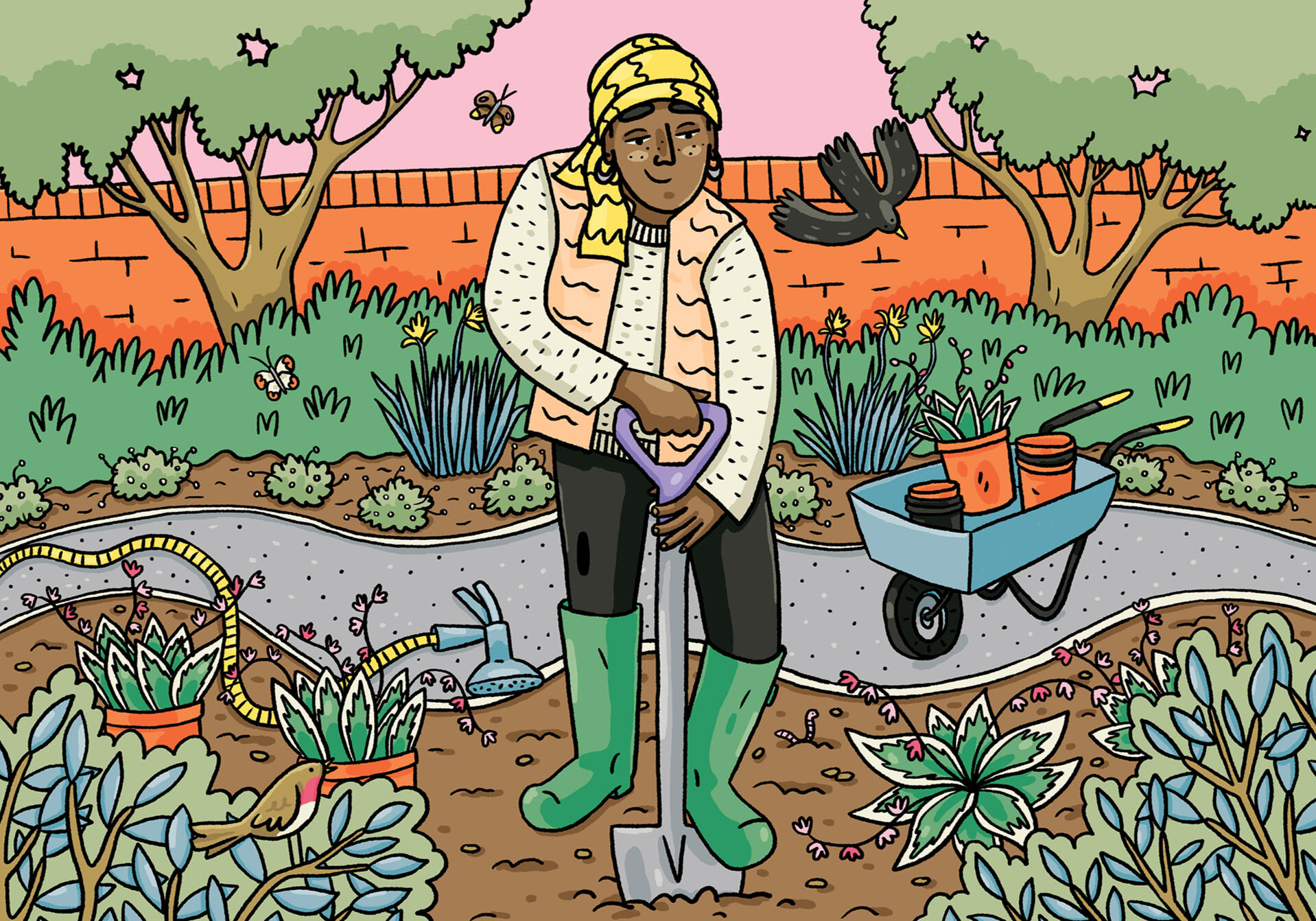 Illustration of a black woman in warm clothing and a head wrap using a shovel to dig in a community garden.