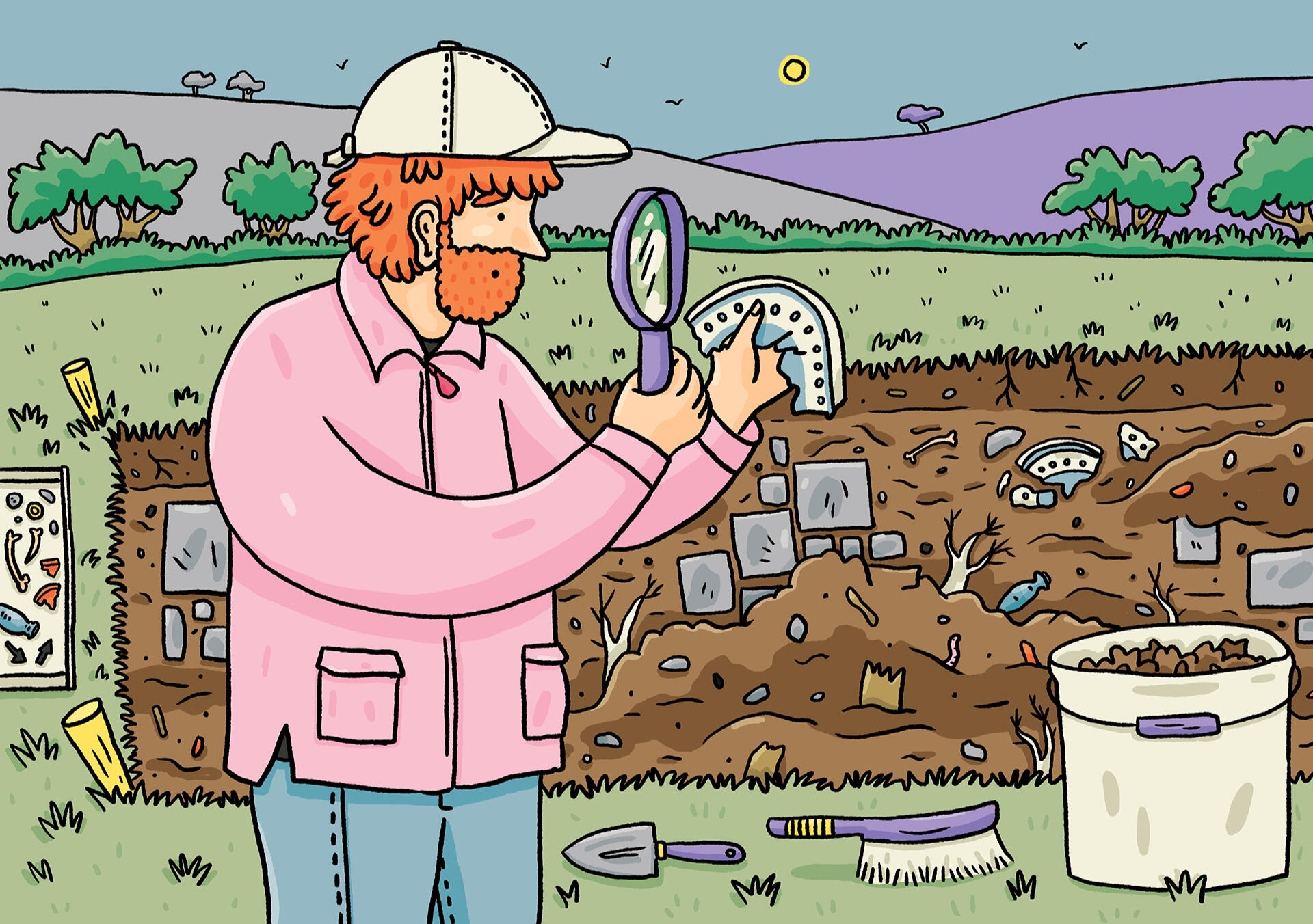 Illustration of a white man with ginger hair standing in an archaeologist’s dig site. He is examining an artefact with a magnifying glass, and has a curious expression.