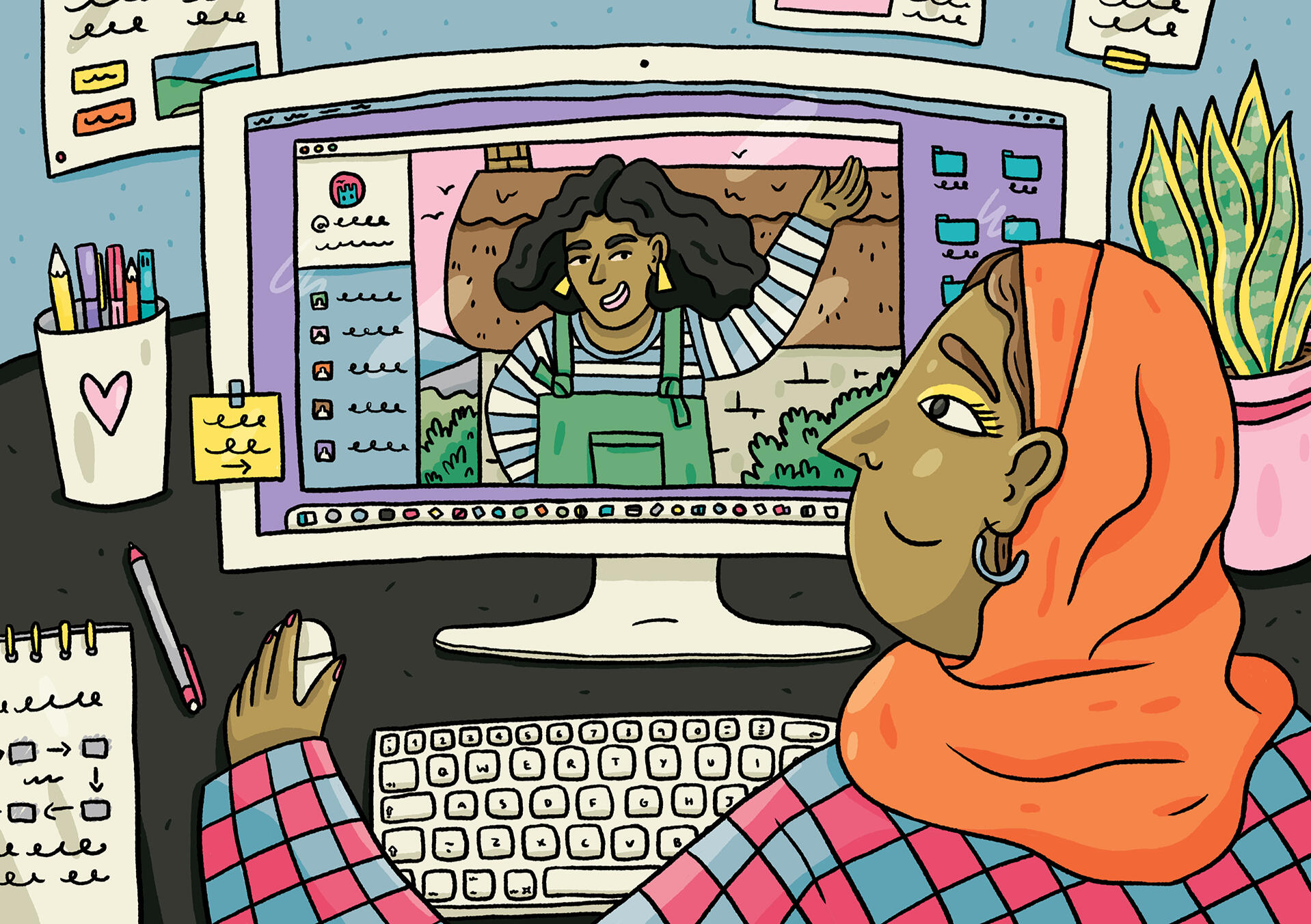 Illustration of a brown-skinned woman wearing a hijab editing social media posts on a desktop computer. The post she is editing focuses on a paused video of another brown-skinned woman, giving an enthusiastic presentation.