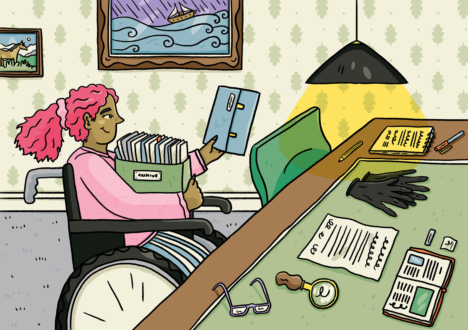 Illustration of a brown-skinned person with pink hair, sitting in a wheelchair with a box in their lap labelled “archive”. They are holding up a file, ready to place on the desk in front of them.
