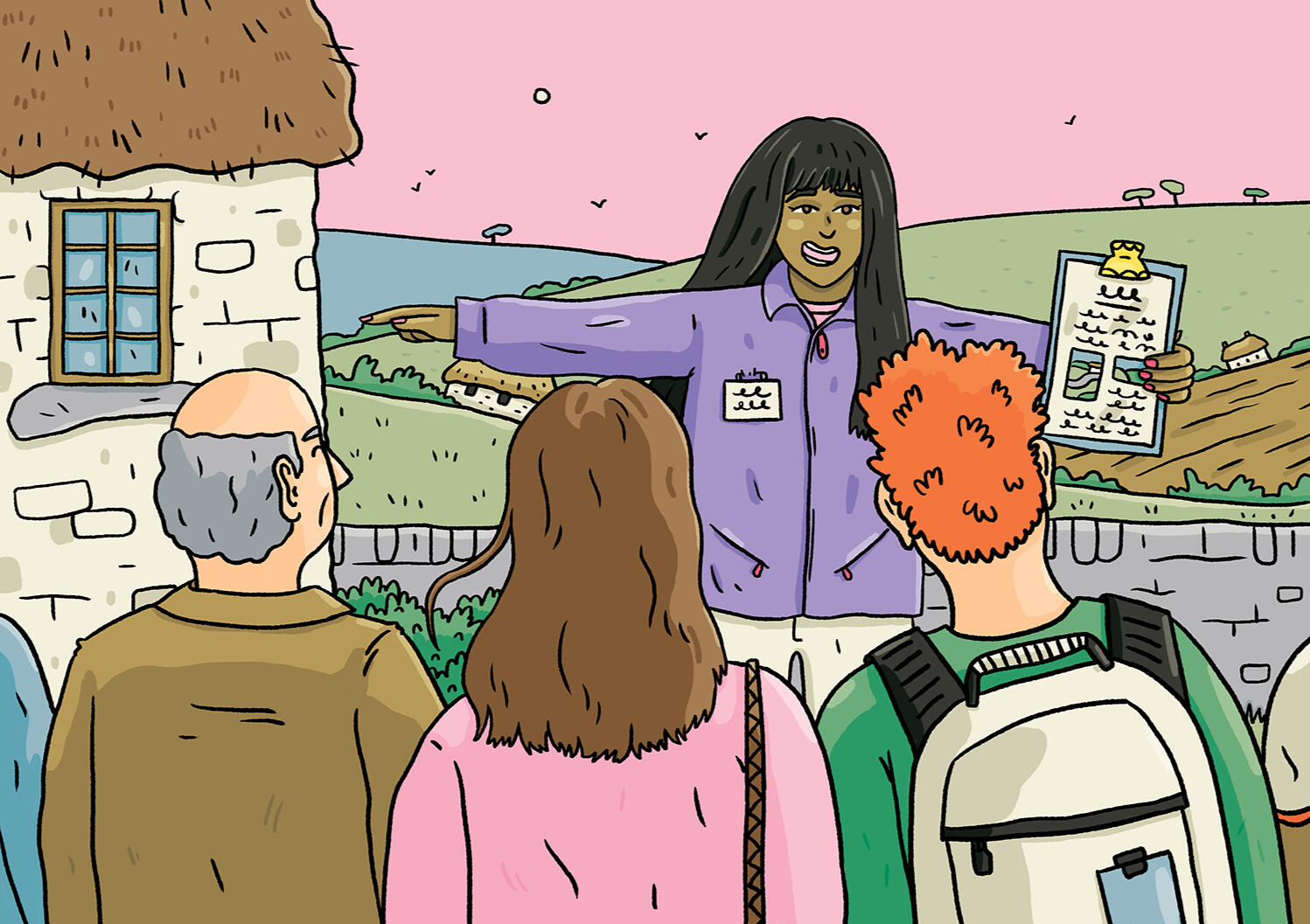 Illustration of a dark-skinned person with long hair directing a group of tourists in front of an old cottage.