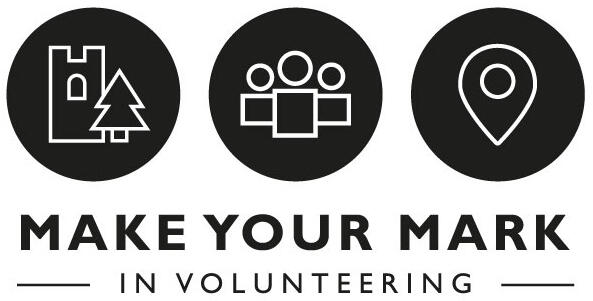 Logo for Make Your Mark in Volunteering. Three pictograms in circles are arranged over text. The pictograms are a castle next to a tree, a group of people, and a map marker.