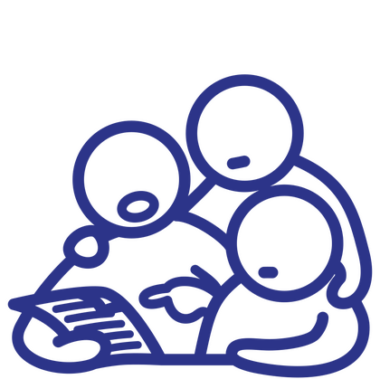 Pictogram of three people looking at and talking about a paper document.