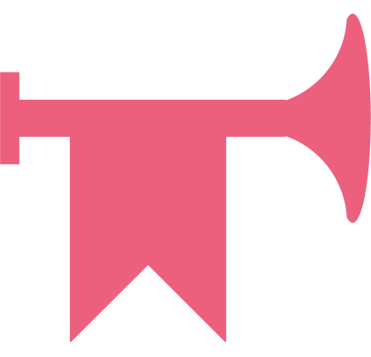 Pictogram of a trumpet, with a banner hanging from it.