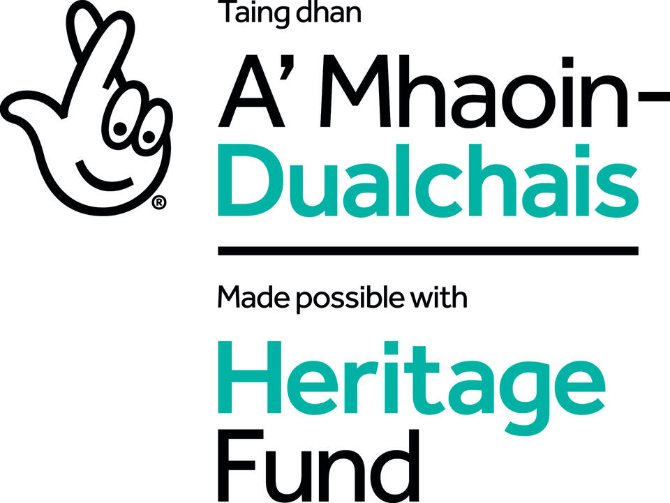 Logo for Heritage Fund. A cartoon of a hand with fingers crossed is adjacent to two sets of text. In English: Made possible with Heritage Fund. In Scots Gaelic: A' Mhoain-Dualchais.