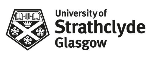 Logo for University of Strathclyde. A heraldic shield crest, capped with books, and bearing symbols of a crown and three flowers.